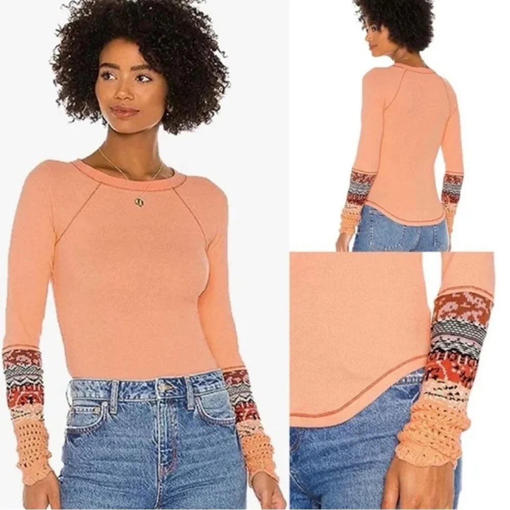 People In The Mix Thermal Ribbed Fitted Contrast Printed Crochet Cuffs Boho S